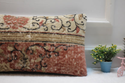 Red & Beige Kilim Lumbar Pillow – Handmade Organic Wool Cushion Cover, 12x24 Inch