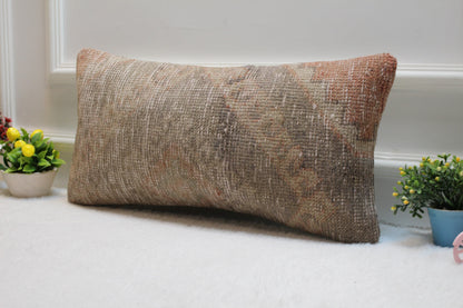 Beige Kilim Pillow Cover 12x24: Handmade Turkish Lumbar Pillow