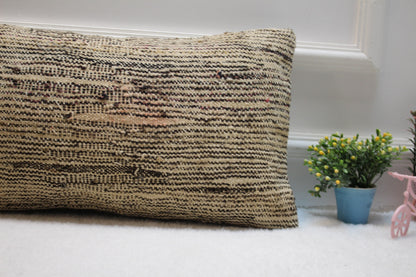Handmade Beige Kilim Pillow Cover: Upcycled Woven Rug, 12x24 inch