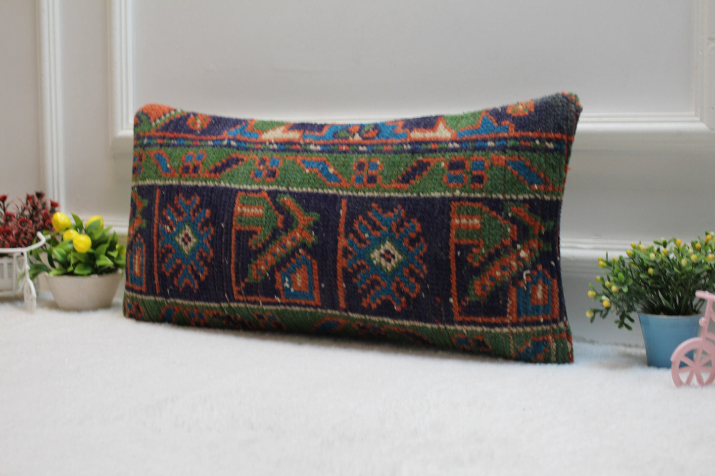 Handmade Kilim Lumbar Pillow Cover: Upcycled Woven Rug, Blue Orange Green (12X24 in)