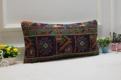 Handmade Kilim Lumbar Pillow Cover: Upcycled Woven Rug, Blue Orange Green (12X24 in)