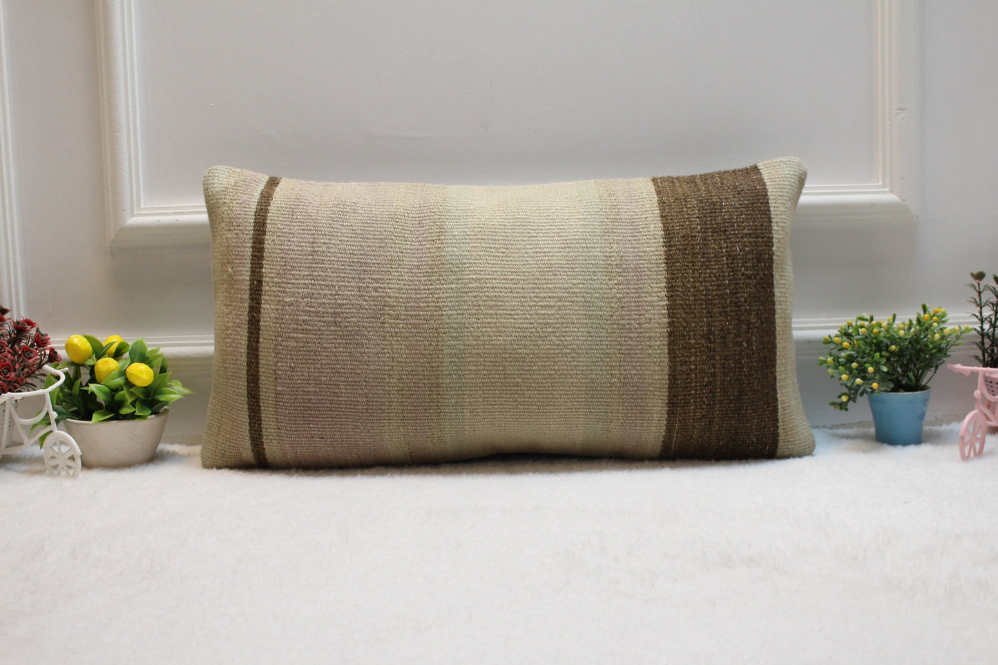 Beige Turkish Kilim Lumbar Pillow – Handmade Rug Cushion Cover, 12x24 Inch