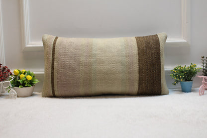 Beige Turkish Kilim Lumbar Pillow – Handmade Rug Cushion Cover, 12x24 Inch