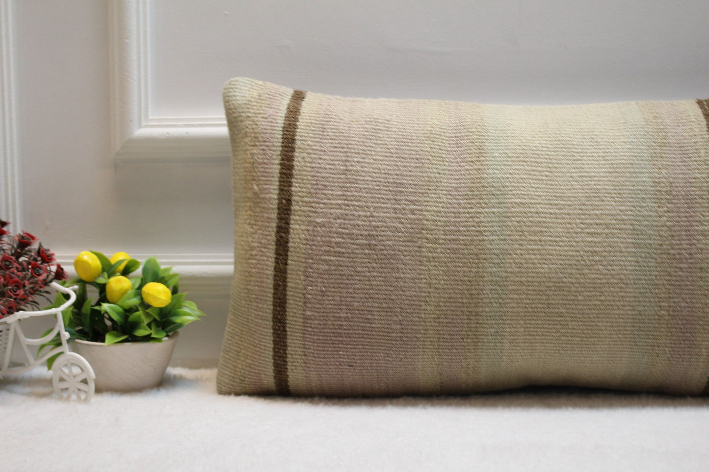 Beige Turkish Kilim Lumbar Pillow – Handmade Rug Cushion Cover, 12x24 Inch