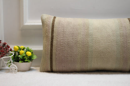 Beige Turkish Kilim Lumbar Pillow – Handmade Rug Cushion Cover, 12x24 Inch