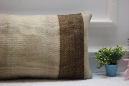 Beige Turkish Kilim Lumbar Pillow – Handmade Rug Cushion Cover, 12x24 Inch