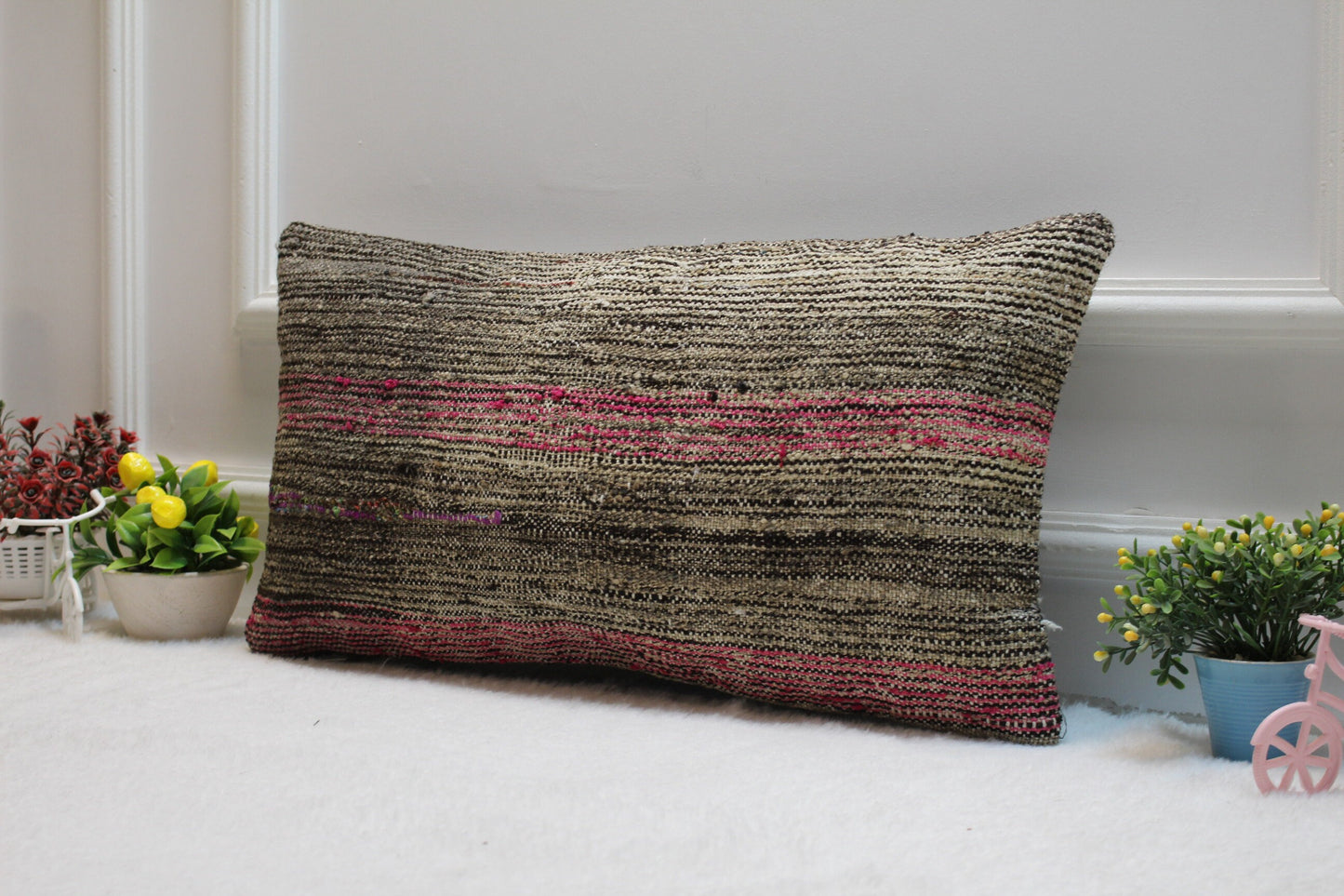 Handmade Gray & Red Rug Pillow Cover: Vintage Turkish Kilim, 12x24