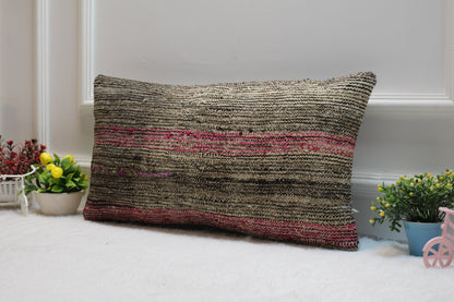 Handmade Gray & Red Rug Pillow Cover: Vintage Turkish Kilim, 12x24