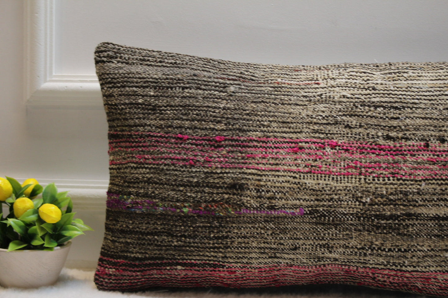 Handmade Gray & Red Rug Pillow Cover: Vintage Turkish Kilim, 12x24