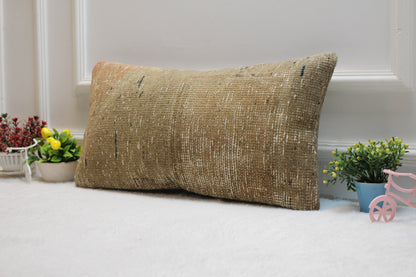 Handmade Beige Kilim Pillow: Geometric Boho Cover (12x24 in)
