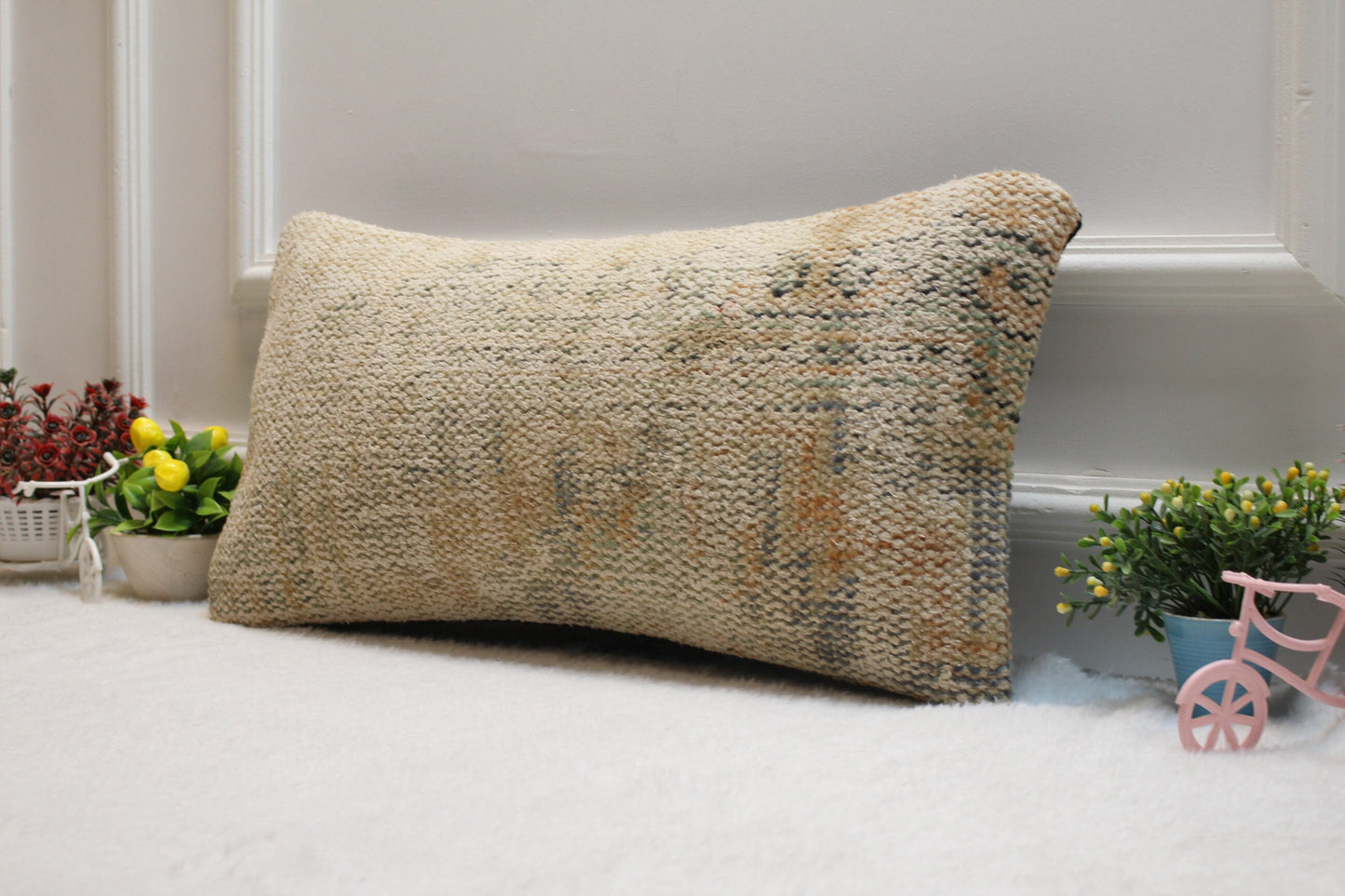 Handmade Beige Kilim Lumbar Pillow Cover: Geometric Woven Rug, 12x24 inch