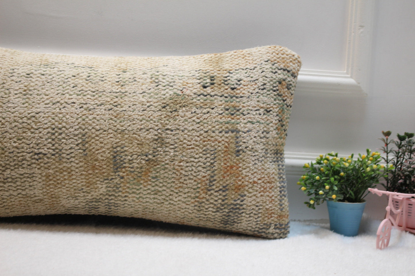 Handmade Beige Kilim Lumbar Pillow Cover: Geometric Woven Rug, 12x24 inch