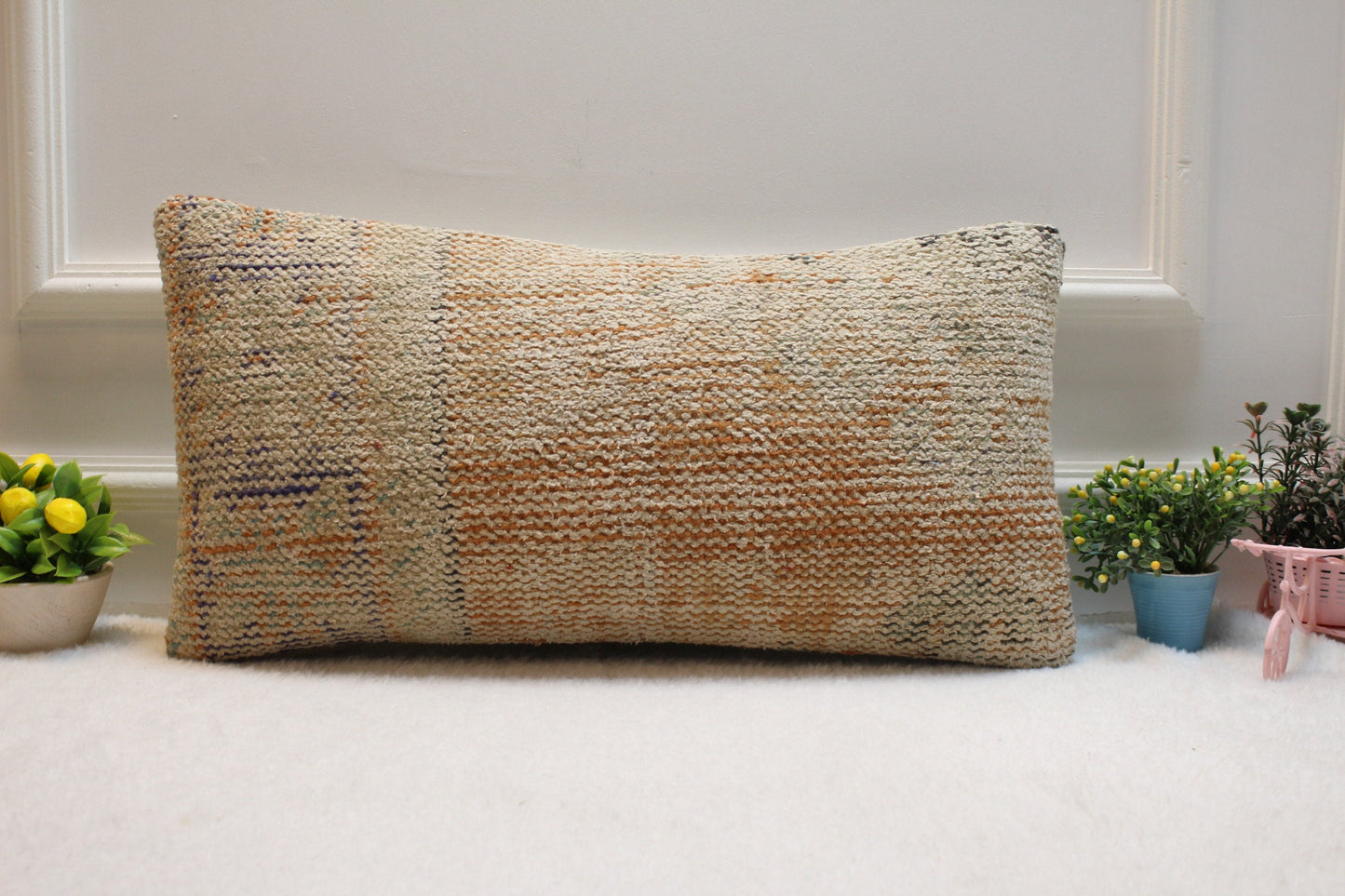 Handmade Kilim Lumbar Pillow Cover: Beige & Orange Turkish Rug, 12x24
