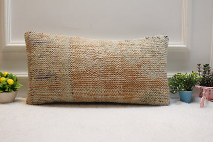 Handmade Kilim Lumbar Pillow Cover: Beige & Orange Turkish Rug, 12x24
