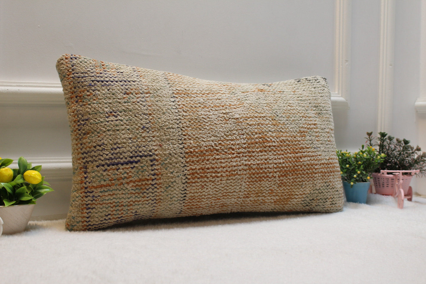 Handmade Kilim Lumbar Pillow Cover: Beige & Orange Turkish Rug, 12x24