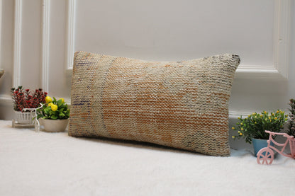 Handmade Kilim Lumbar Pillow Cover: Beige & Orange Turkish Rug, 12x24
