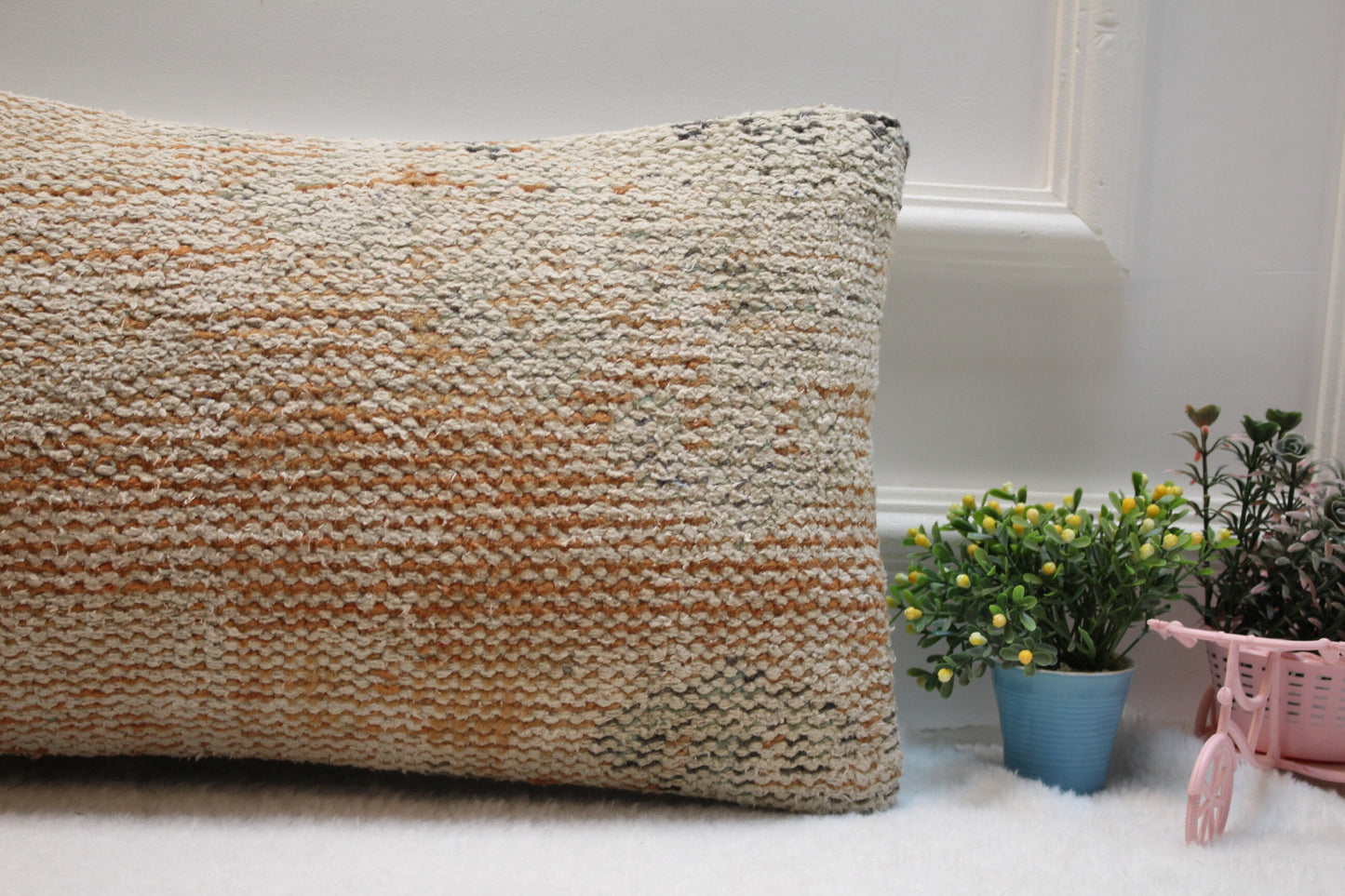 Handmade Kilim Lumbar Pillow Cover: Beige & Orange Turkish Rug, 12x24