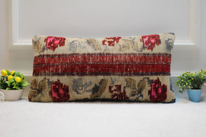 Handmade Kilim Lumbar Pillow Cover: Beige & Red Turkish Rug, 12x24 inc