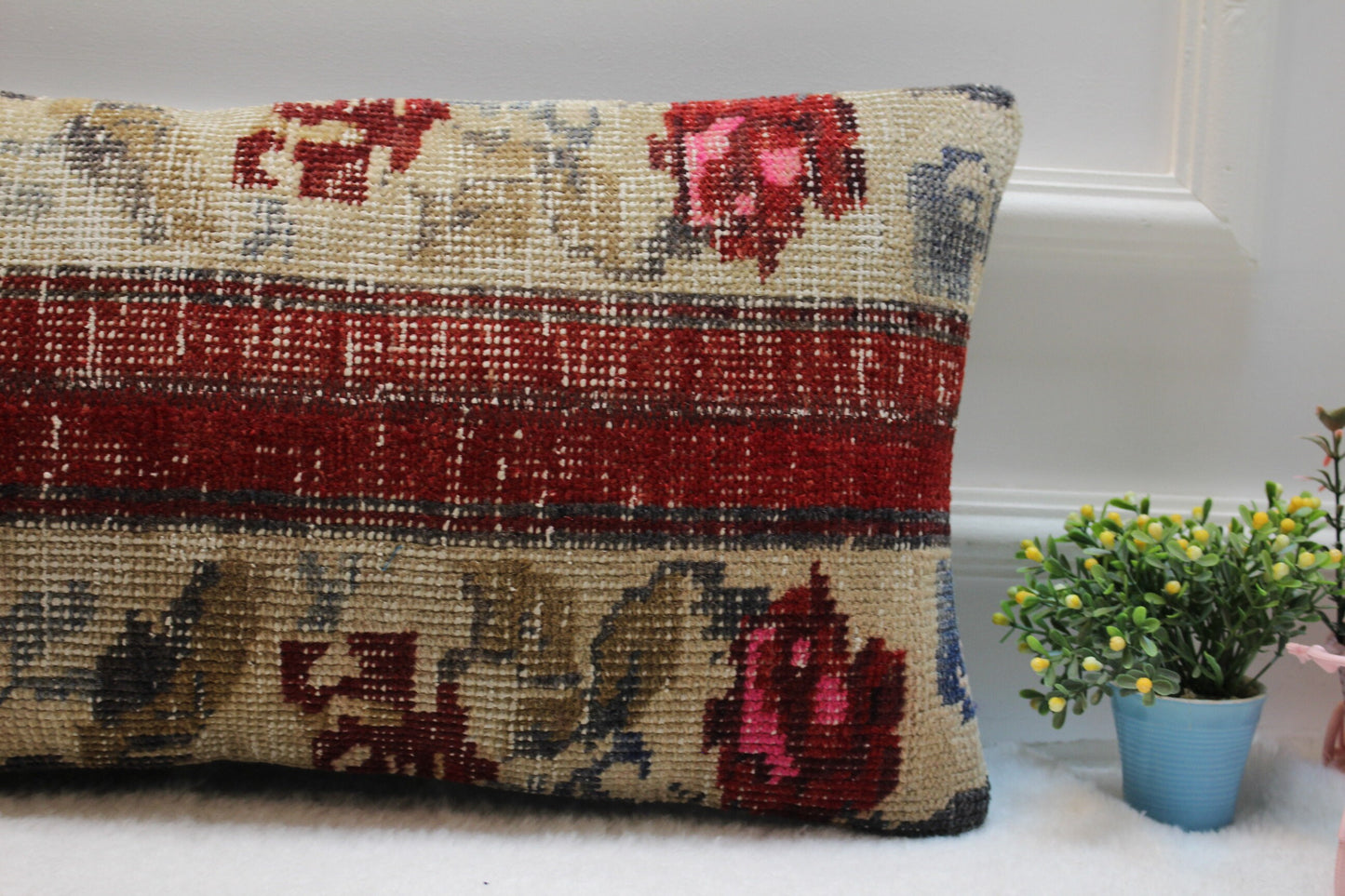 Handmade Kilim Lumbar Pillow Cover: Beige & Red Turkish Rug, 12x24 inc