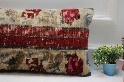 Handmade Kilim Lumbar Pillow Cover: Beige & Red Turkish Rug, 12x24 inc