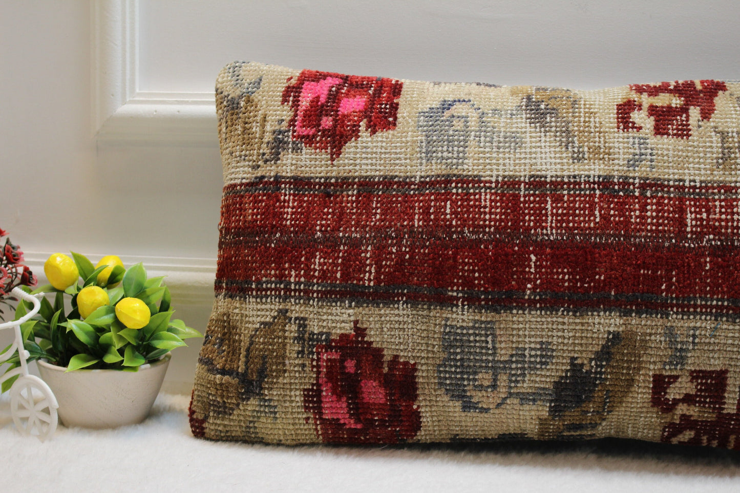 Handmade Kilim Lumbar Pillow Cover: Beige & Red Turkish Rug, 12x24 inc