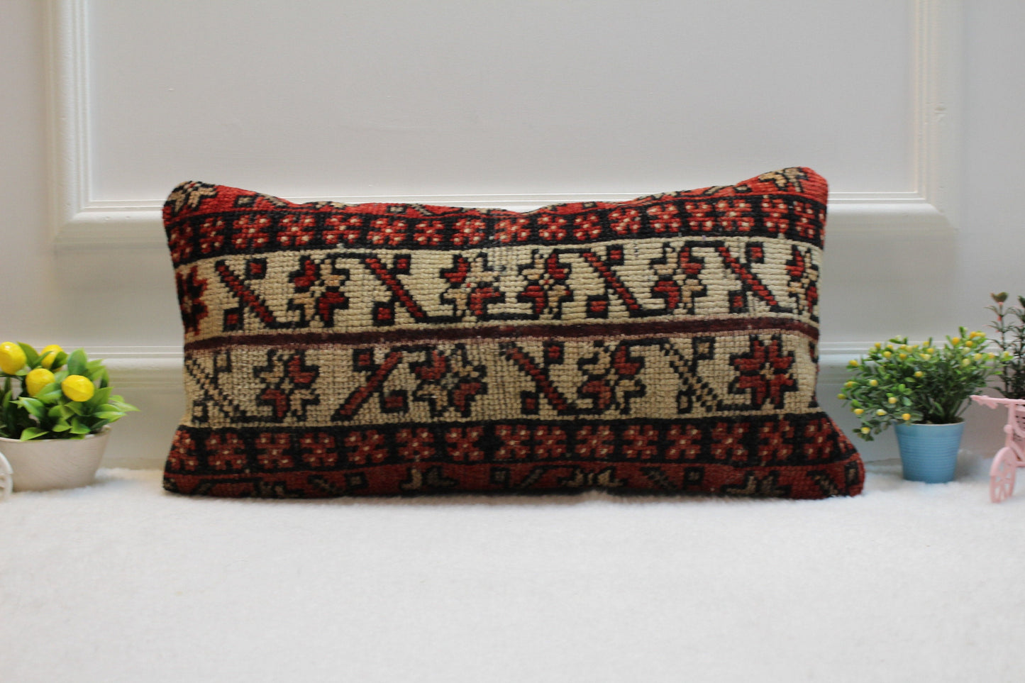 Handmade Kilim Lumbar Pillow Cover: Bohemian Woven Rug, 12x24 inch