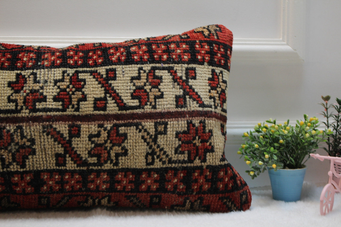 Handmade Kilim Lumbar Pillow Cover: Bohemian Woven Rug, 12x24 inch
