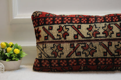 Handmade Kilim Lumbar Pillow Cover: Bohemian Woven Rug, 12x24 inch
