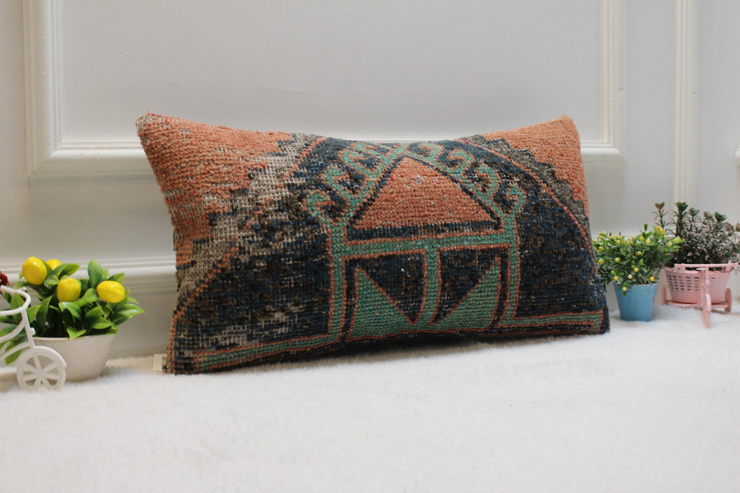 Orange Turkish Lumbar Pillow Cover: Upcycled Kilim Rug, 12x24 inc