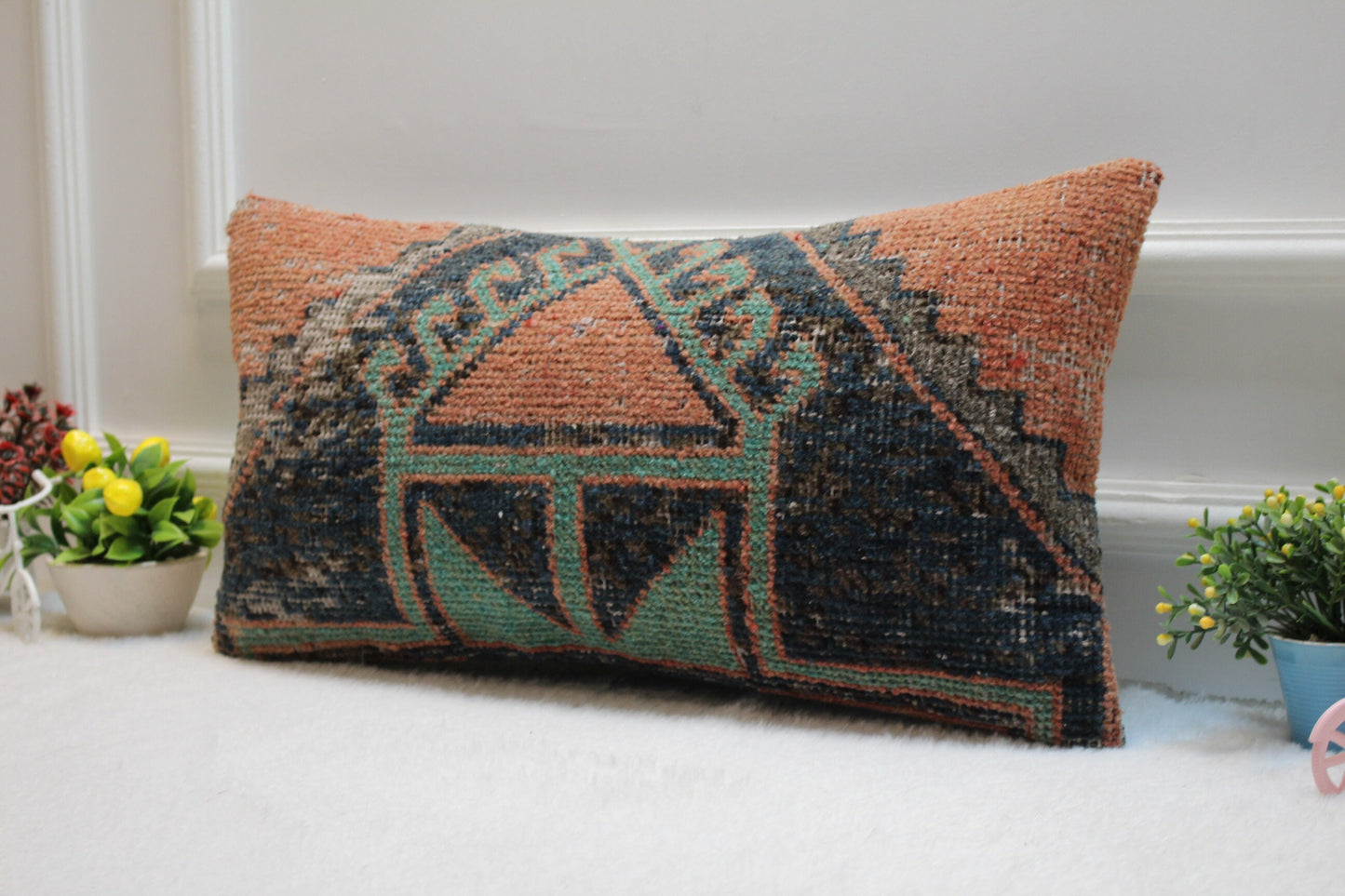 Orange Turkish Lumbar Pillow Cover: Upcycled Kilim Rug, 12x24 inc