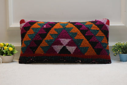 Ethnic Kilim Pillow Cover: Organic Wool Lumbar Cushion (12x24 in)
