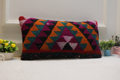 Ethnic Kilim Pillow Cover: Organic Wool Lumbar Cushion (12x24 in)