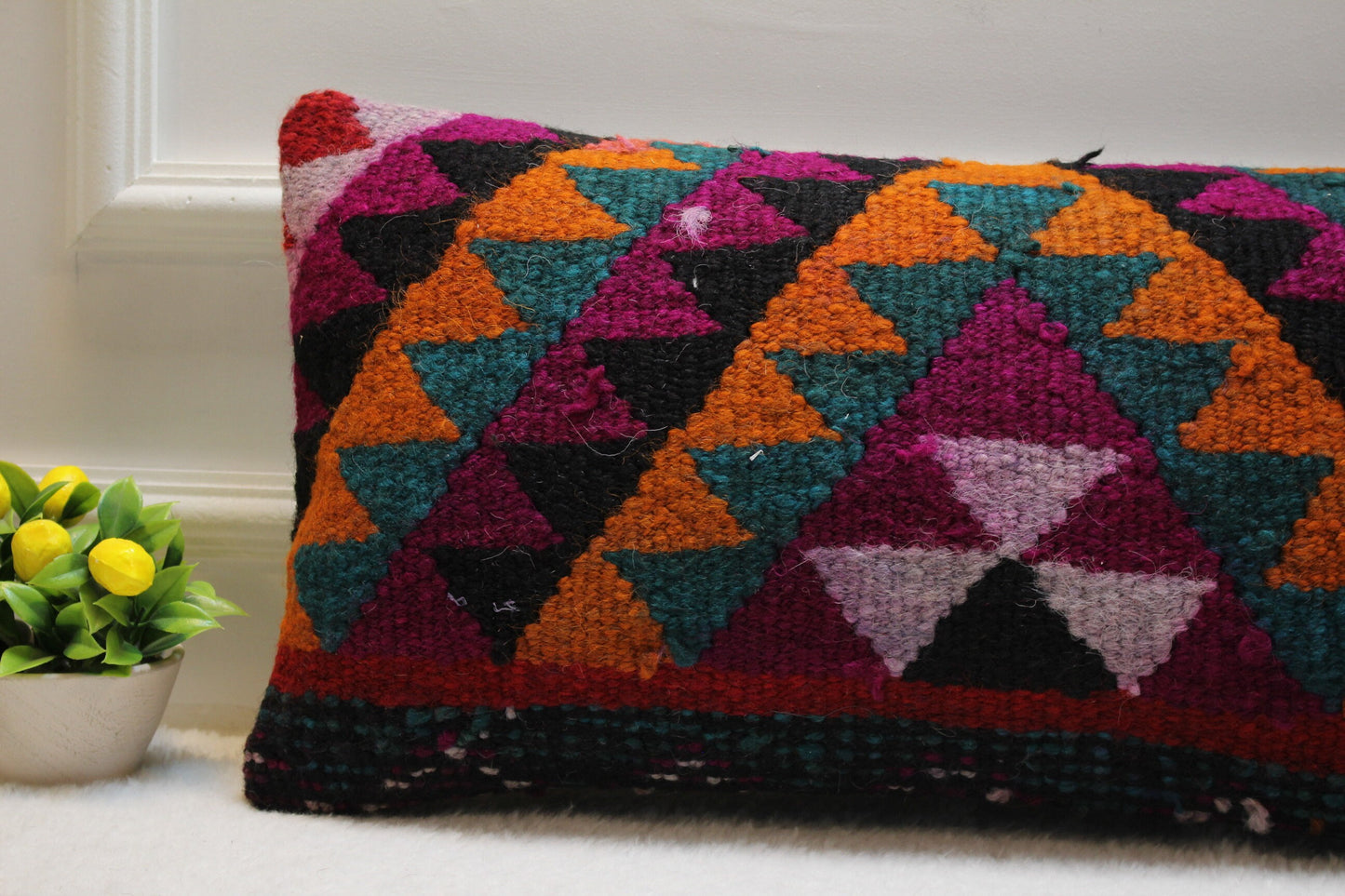 Ethnic Kilim Pillow Cover: Organic Wool Lumbar Cushion (12x24 in)