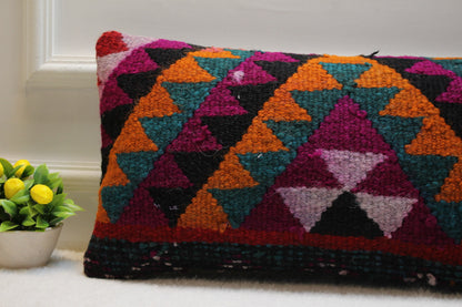 Ethnic Kilim Pillow Cover: Organic Wool Lumbar Cushion (12x24 in)