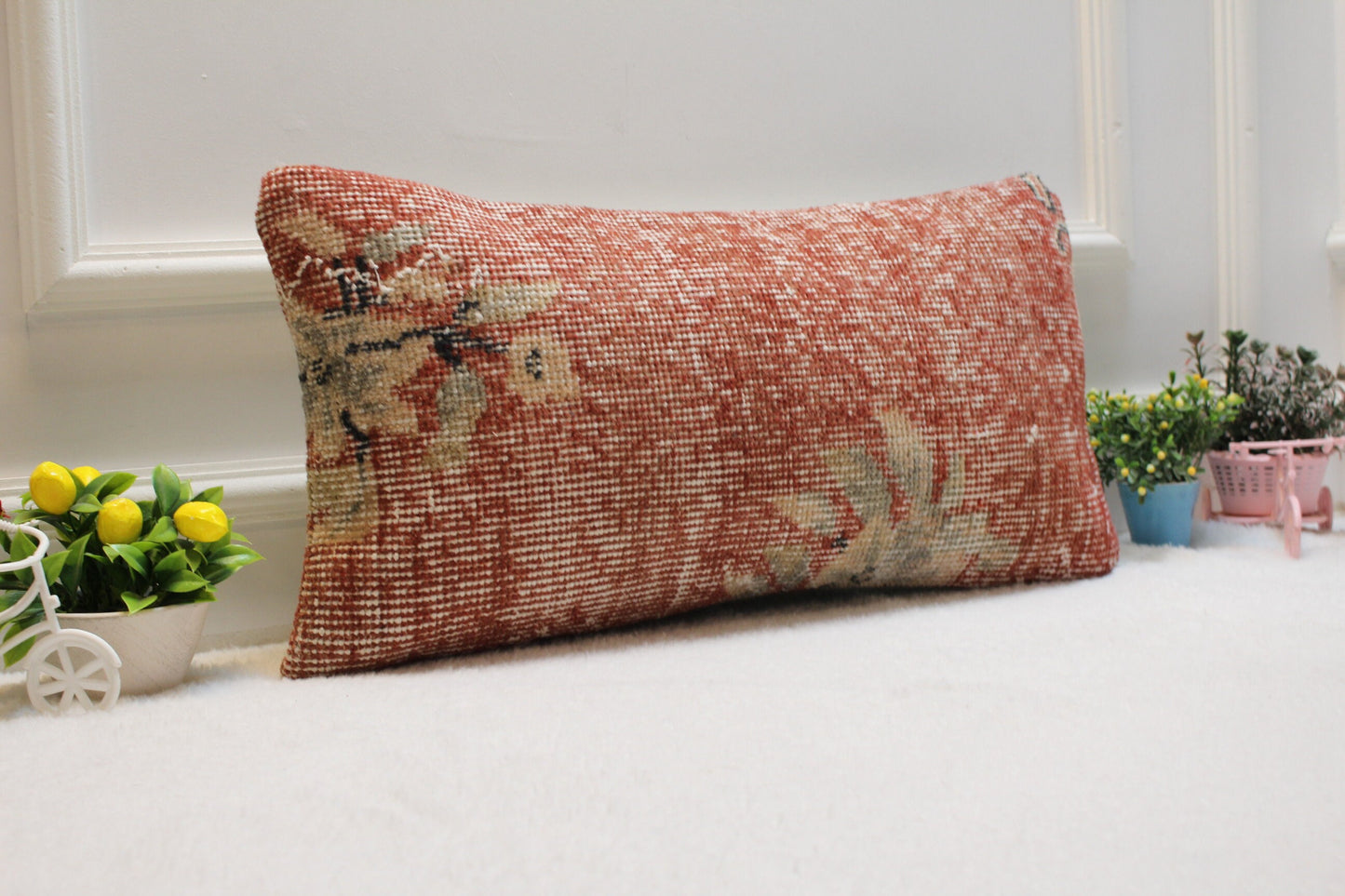 Handmade Red Kilim Lumbar Pillow Cover: Upcycled Woven Rug, 12x24 inch