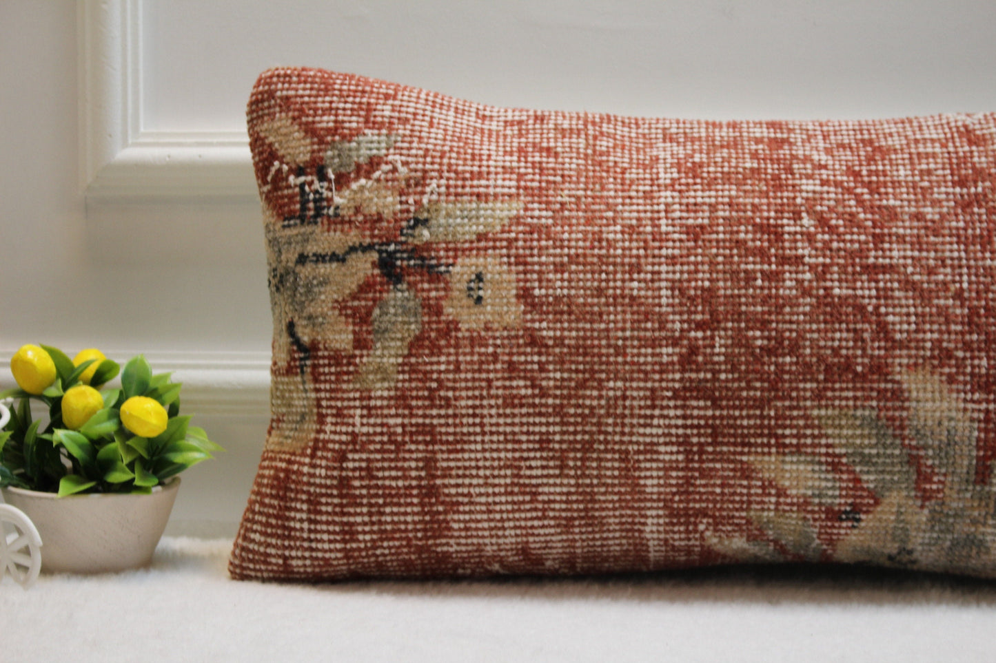 Handmade Red Kilim Lumbar Pillow Cover: Upcycled Woven Rug, 12x24 inch