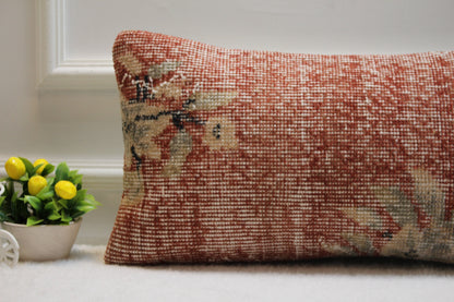 Handmade Red Kilim Lumbar Pillow Cover: Upcycled Woven Rug, 12x24 inch