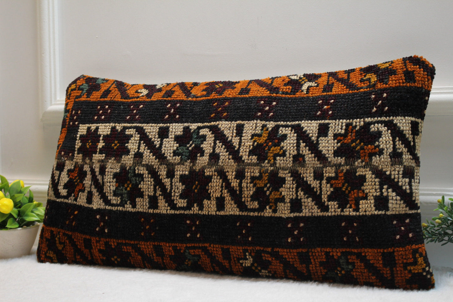 Black Kilim Lumbar Pillow: Handwoven Anatolian Cover (12x24 in)