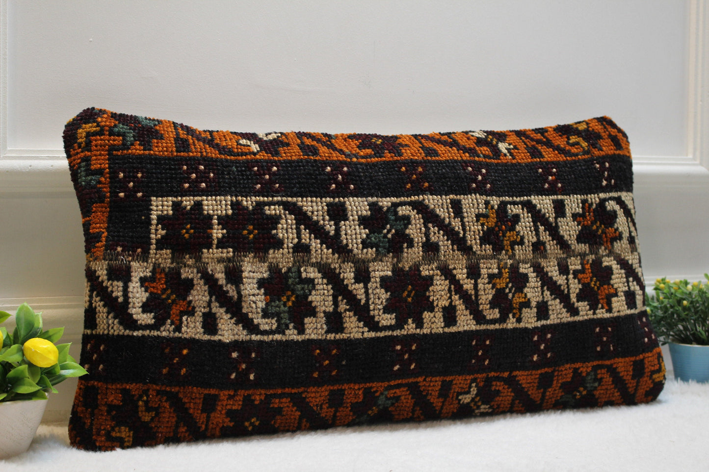 Black Kilim Lumbar Pillow: Handwoven Anatolian Cover (12x24 in)