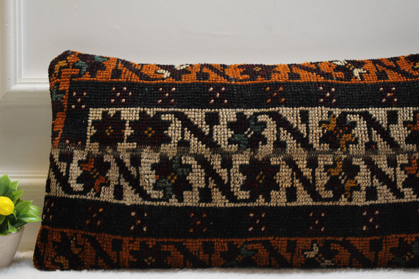 Black Kilim Lumbar Pillow: Handwoven Anatolian Cover (12x24 in)