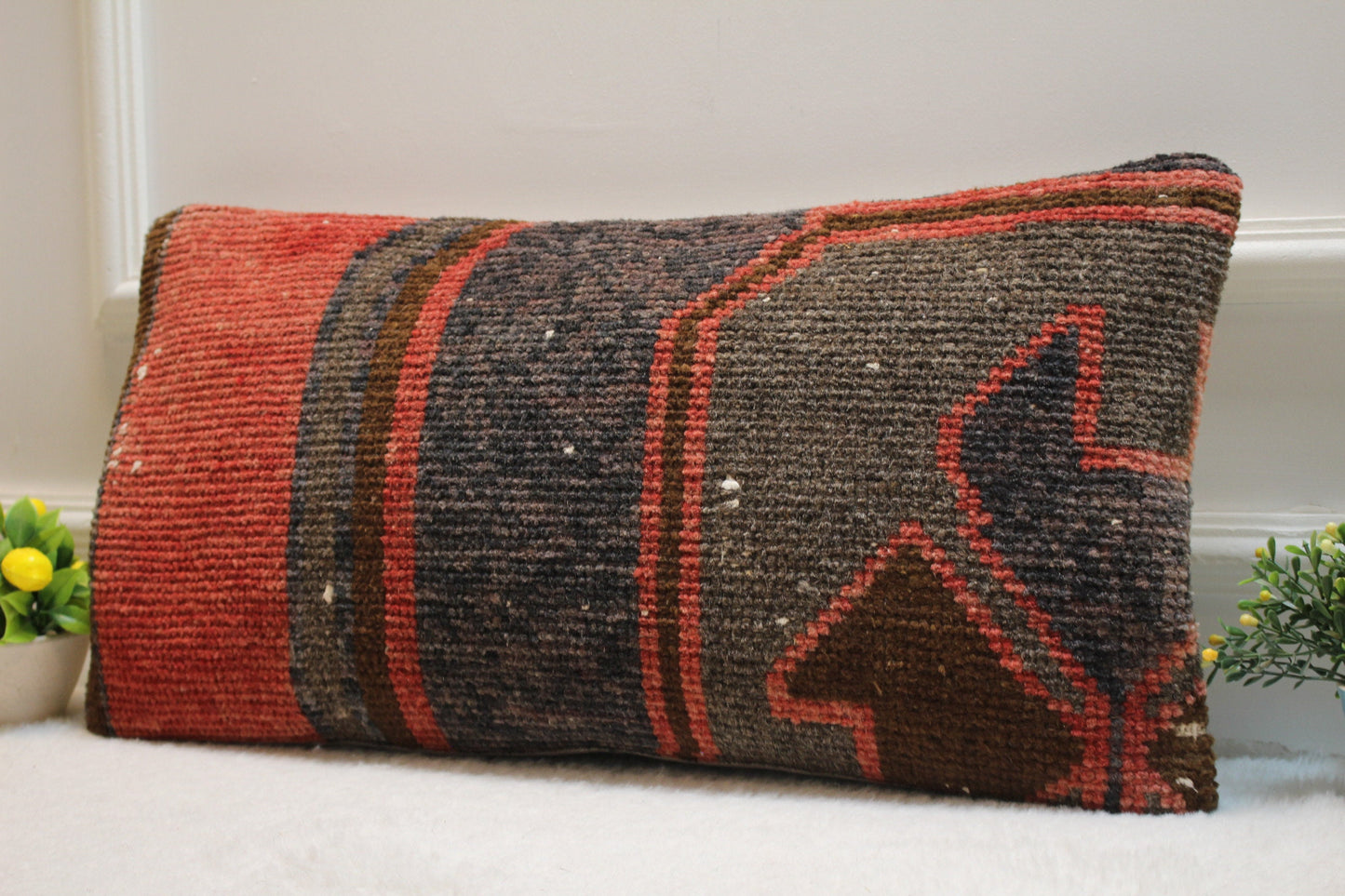 Handmade Kilim Pillow Cover: Upcycled Woven Rug, Bohemian Accent (12x24 in)