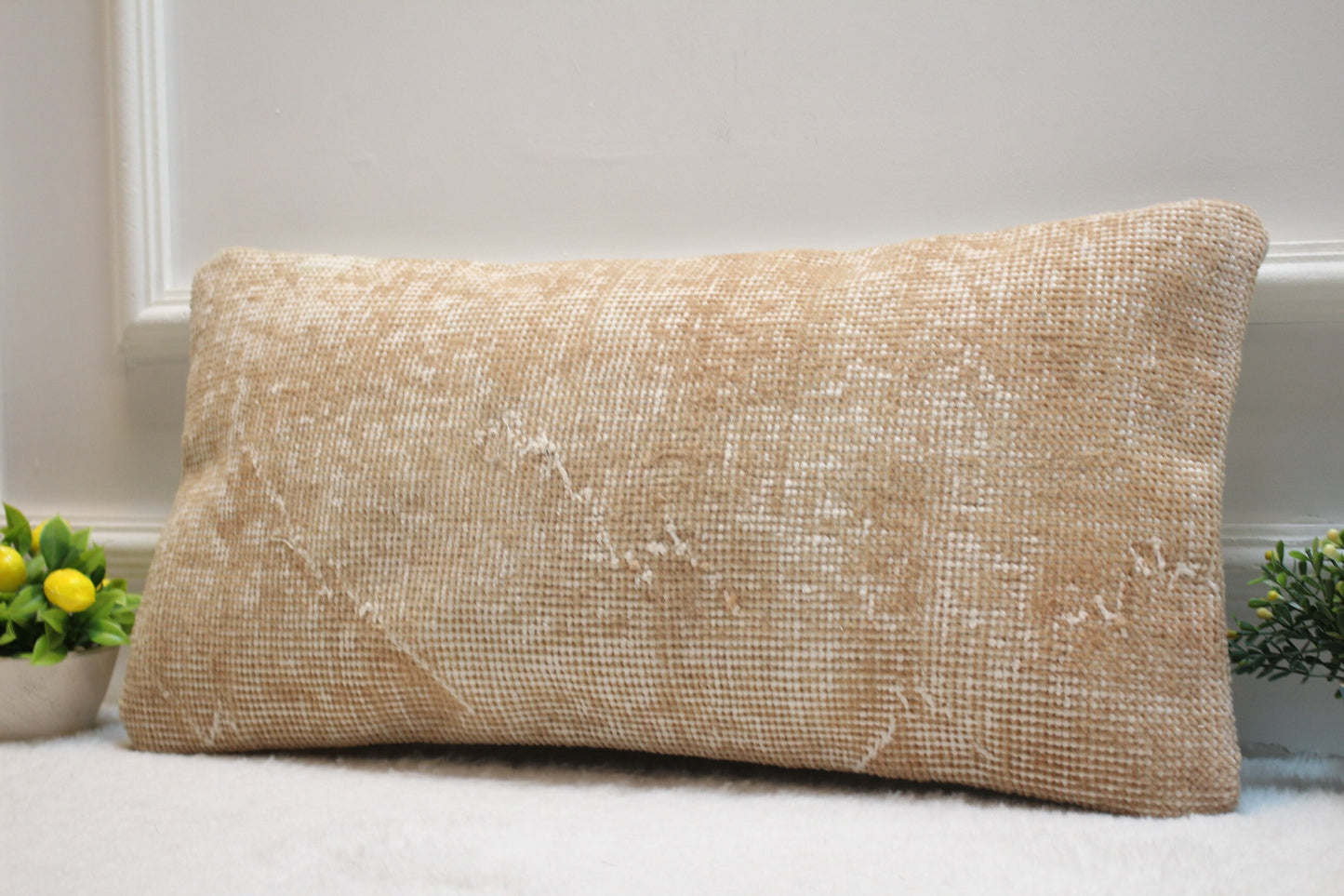 Handmade Kilim Pillow Cover: Upcycled Woven Rug, Beige (12x24 in)