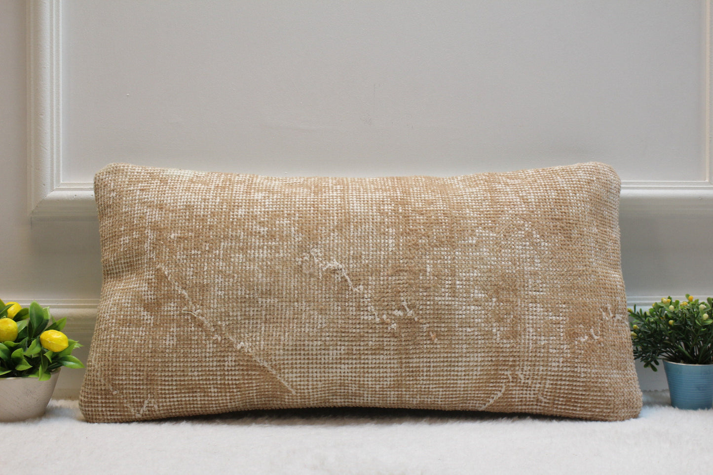 Handmade Kilim Pillow Cover: Upcycled Woven Rug, Beige (12x24 in)