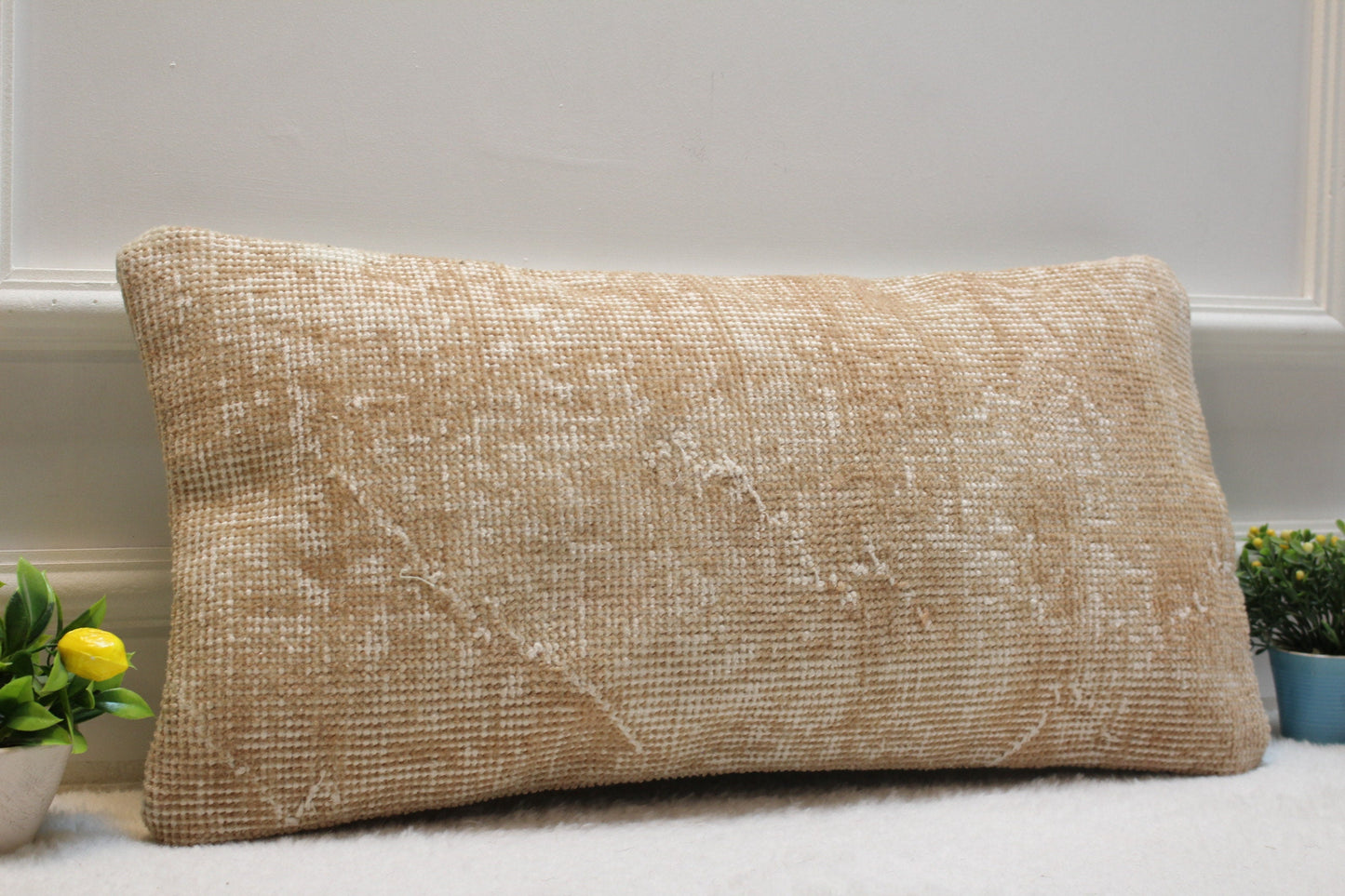 Handmade Kilim Pillow Cover: Upcycled Woven Rug, Beige (12x24 in)