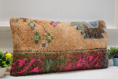 Handwoven Kilim Lumbar Pillow Cover: Rustic Tribal Rug Pillow (12x24 inc)