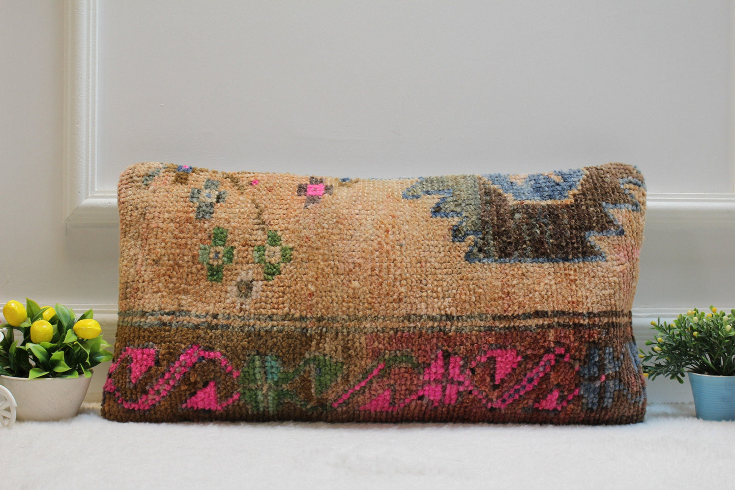 Handwoven Kilim Lumbar Pillow Cover: Rustic Tribal Rug Pillow (12x24 inc)