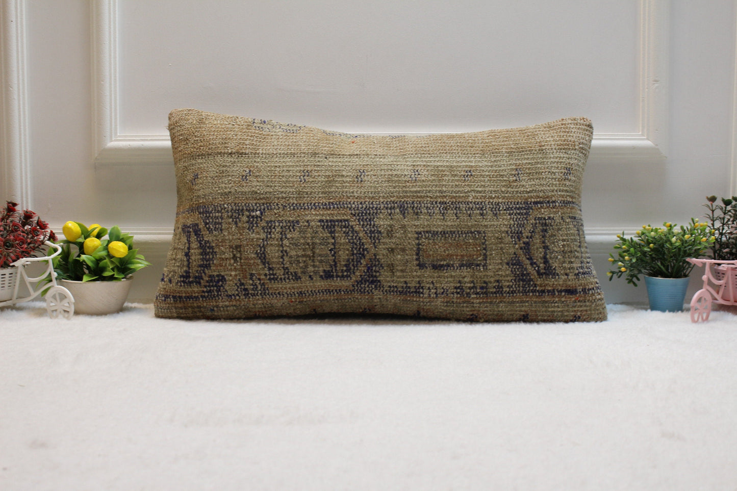 Handwoven Kilim Lumbar Pillow Cover: Beige Ethnic Rug Pillow (12x24)