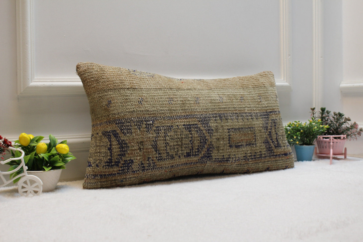 Handwoven Kilim Lumbar Pillow Cover: Beige Ethnic Rug Pillow (12x24)