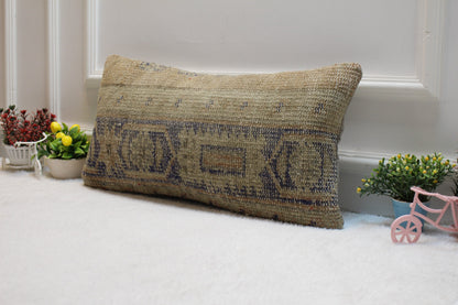 Handwoven Kilim Lumbar Pillow Cover: Beige Ethnic Rug Pillow (12x24)