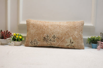 Vintage Turkish Rug Lumbar Pillow: Organic Wool Pillow Cover (12x24 in)
